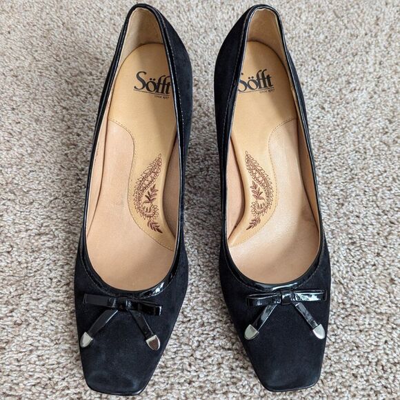 Sofft Pumps Womens 11 Black Leather Square Toe Bow Patent Accents Comfort Career - Picture 4 of 7